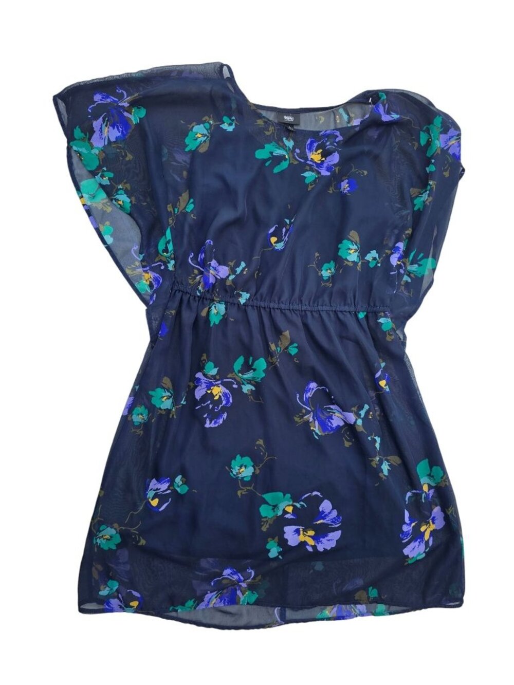 Hassle Womens Floral Blouse Navy Blue Size L Sheer Lightweight Short Sleeve